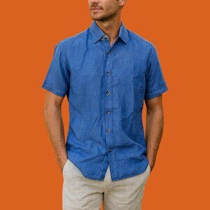 Report Collection Blue Linen Resort Shirt (XL) – 100% Linen, Short Sleeve